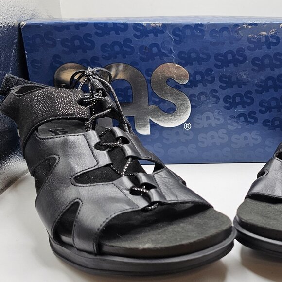 NIB Women's SAS Sedona Lace-Up Leather Wedge Sandals Black Sparkle‎ Size 10M - Picture 1 of 10